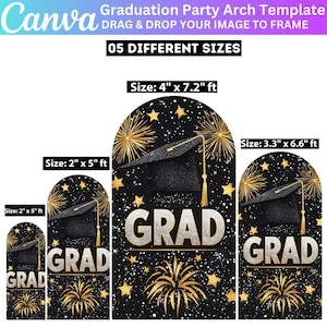 Może przedstawiać: Pięć szablonów łuku na imprezę z okazji ukończenia szkoły w różnych rozmiarach. Szablony mają czarne tło z złotymi gwiazdami, fajerwerkami i czapką absolwenta. Słowo "GRAD" jest napisane srebrnymi literami z brokatem. Rozmiary to 5,1 cm x 1,5 m, 8,4 cm x 2 m i 10,2 cm x 2,2 m.