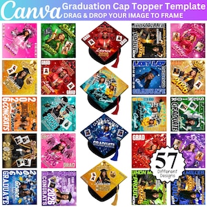 Op de afbeelding: Een collage van afstudeerhoed-topper-sjablonen met diverse ontwerpen. De toppers bevatten foto's, namen en het jaar 2026. De tekst "Afstudeerhoed Topper Sjabloon" en "SLEEP & DROP UW AFBEELDING IN FRAME" zijn zichtbaar. De afbeelding toont ook "57 Verschillende ontwerpen".