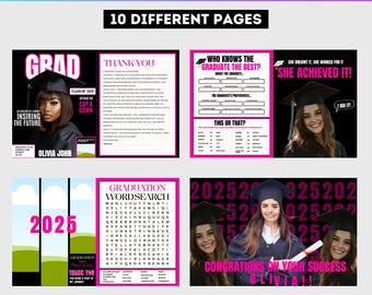 Graduation Activity Booklet Editable Canva Template, Printable Word Search, Maze, Crossword Reflection Pages Pink & Black Theme