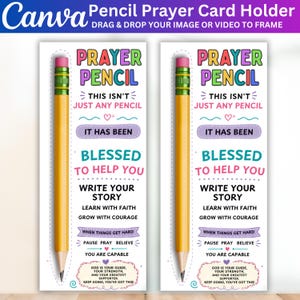 May include: Two identical rectangular white prayer cards featuring a yellow pencil graphic on the left side. The text reads: PRAYER PENCIL, THIS ISN'T JUST ANY PENCIL, IT HAS BEEN BLESSED TO HELP YOU WRITE YOUR STORY, LEARN WITH FAITH, GROW WITH COURAGE.