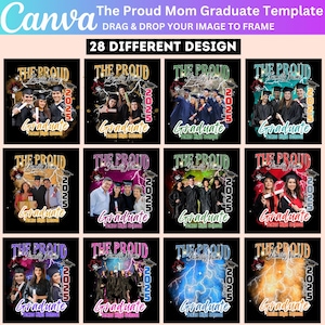 May include: A set of 28 graduation designs featuring a black background with a lightning bolt design and the text "The Proud Family Name Graduate 2025". The designs are perfect for creating personalized graduation gifts.