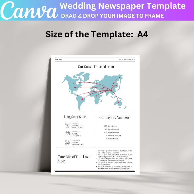May include: A4-sized wedding newspaper template with the Canva logo. The design includes a world map with connecting lines, text sections titled "Our Guests Traveled From", "Long Story Short", and "Our Days By Numbers".