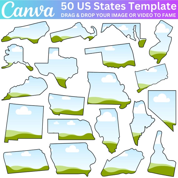 50 USA States Custom Canva Frames, Individual State Design, Editable Canva Template, Canva Frames of American States, Canva US States