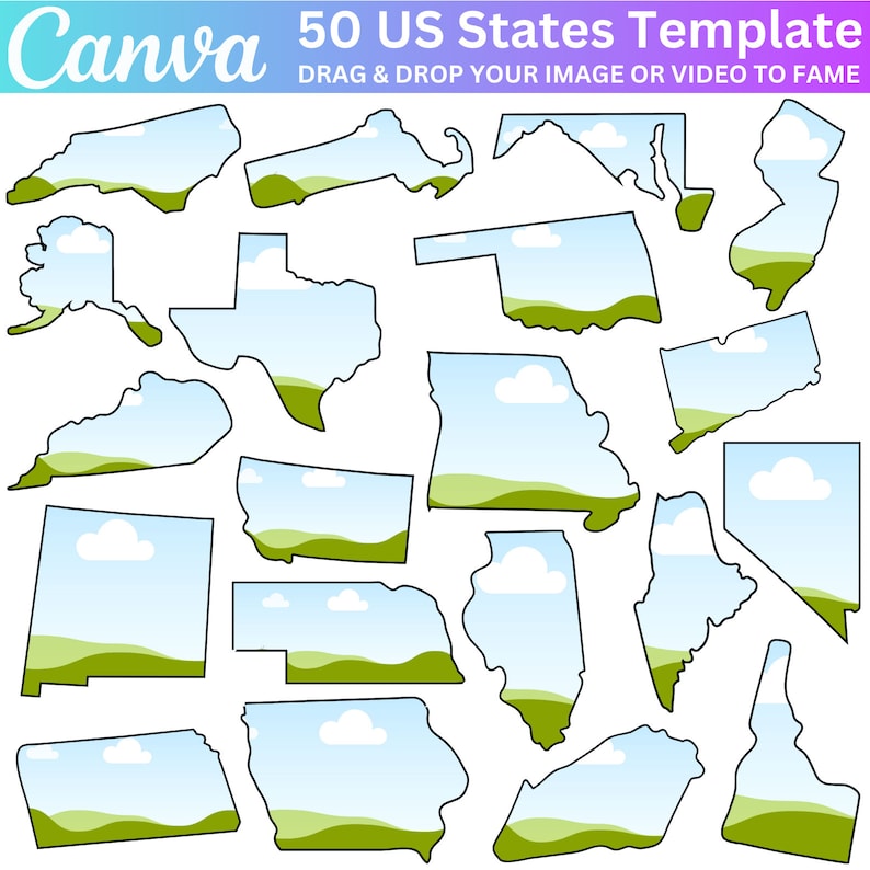 May include: A template with outlines of all 50 US states. Each state has a blue sky with white clouds and green hills at the bottom. The text "50 US States Template" is at the top of the image. The text "Drag & Drop Your Image or Video to Fame" is below the title.