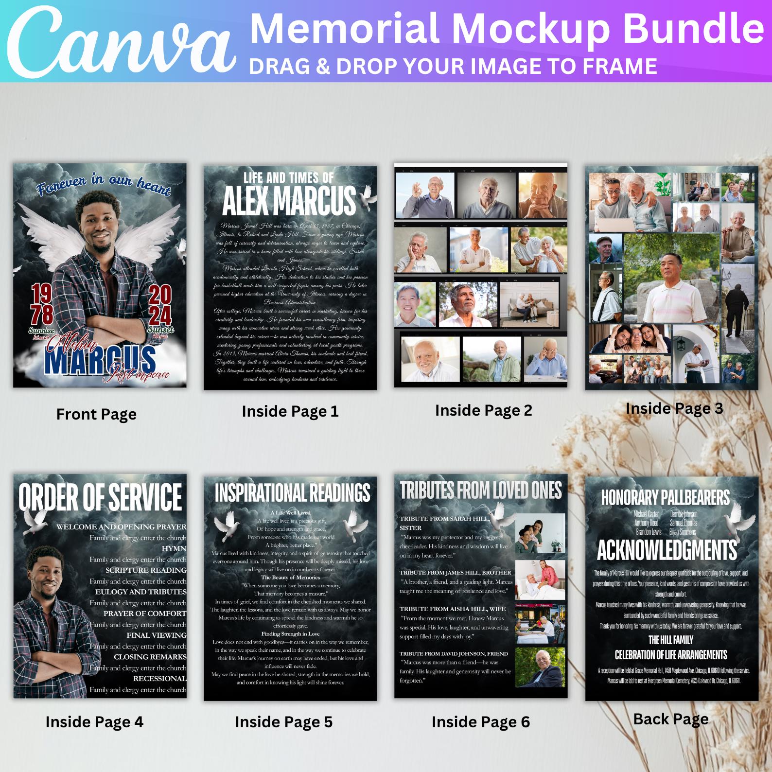 Blue Memorial Party Favor Bundle, Canva Editable Memorial Mockup ...