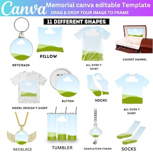 May include: Eleven different shapes of memorial products featuring a sky with a single cloud and a green grassy hill. The shapes include a keychain, pillow, t-shirt, casket panel, button, socks, tumbler, necklace, and graduation charm.