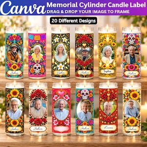 May include: A collection of twelve cylindrical memorial candles featuring various decorative borders with floral patterns, skulls, and heart motifs. Each candle includes a central oval or heart-shaped frame displaying a portrait photo and a name label.