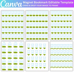 May include: A template for magnet bookmarks with a landscape design. The design features a blue sky, white clouds, and green hills. The text "Magnet Bookmark Editable Template" is at the top, with instructions to drag and drop an image.