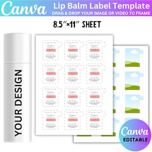 May include: A printable sheet of 12 labels for lip balm. The labels are white with black text and a pink rectangle. The text on the labels reads "The Brand Name Organic Lip Balm Net 1 oz / 28g Handmade with Love &  Care". The sheet is 8.5 inches by 11 inches.