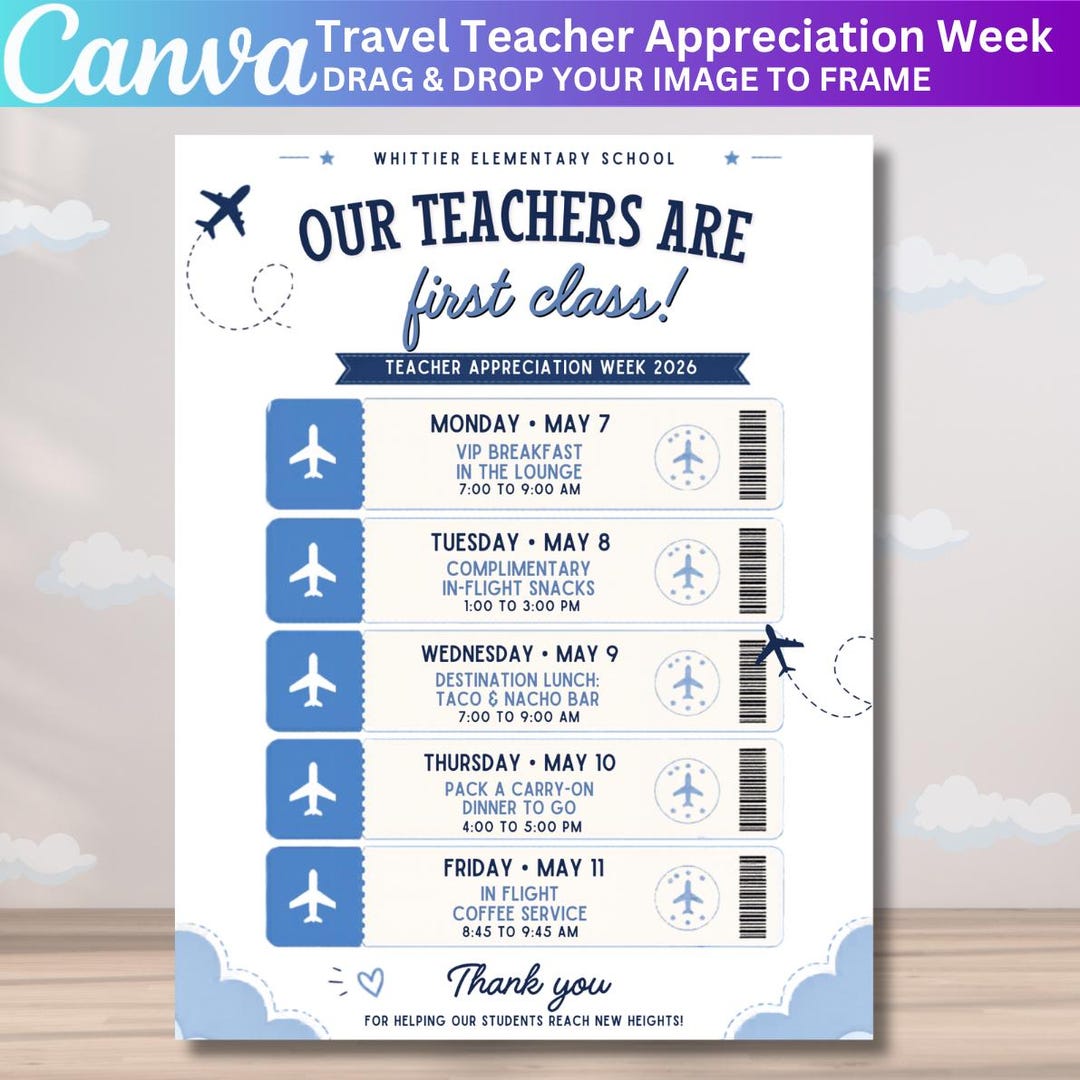 Travel Theme Teacher Appreciation Week Itinerary Canva Flyer, World ...