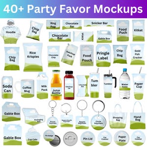 May include: A collection of party favor mockups, including a hoodie, chip bags, chocolate bars, a water bottle, and keychains. The image features various packaging designs and product labels, with the text "40+ Party Favor Mockups" at the top.