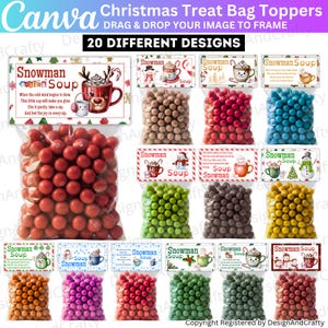 Könnte beinhalten: Ein Bild mit Weihnachtstüten-Toppern mit dem Text "Christmas Treat Bag Toppers" und "Snowman Soup". Das Bild zeigt 20 verschiedene Designs mit Süßigkeiten in verschiedenen Farben in durchsichtigen Tüten.