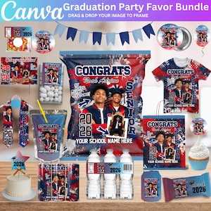May include: A graduation party favor bundle with a variety of items. Includes a t-shirt, chip bag, water bottles, candy bar, and more. The design features the text "Congrats" and "Class of 2026".