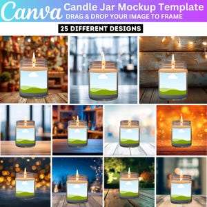 May include: A Canva template showcasing a candle jar mockup with 25 different design options. Each candle has a lit wick and a label with a landscape design. The background varies, including bokeh and wooden surfaces.