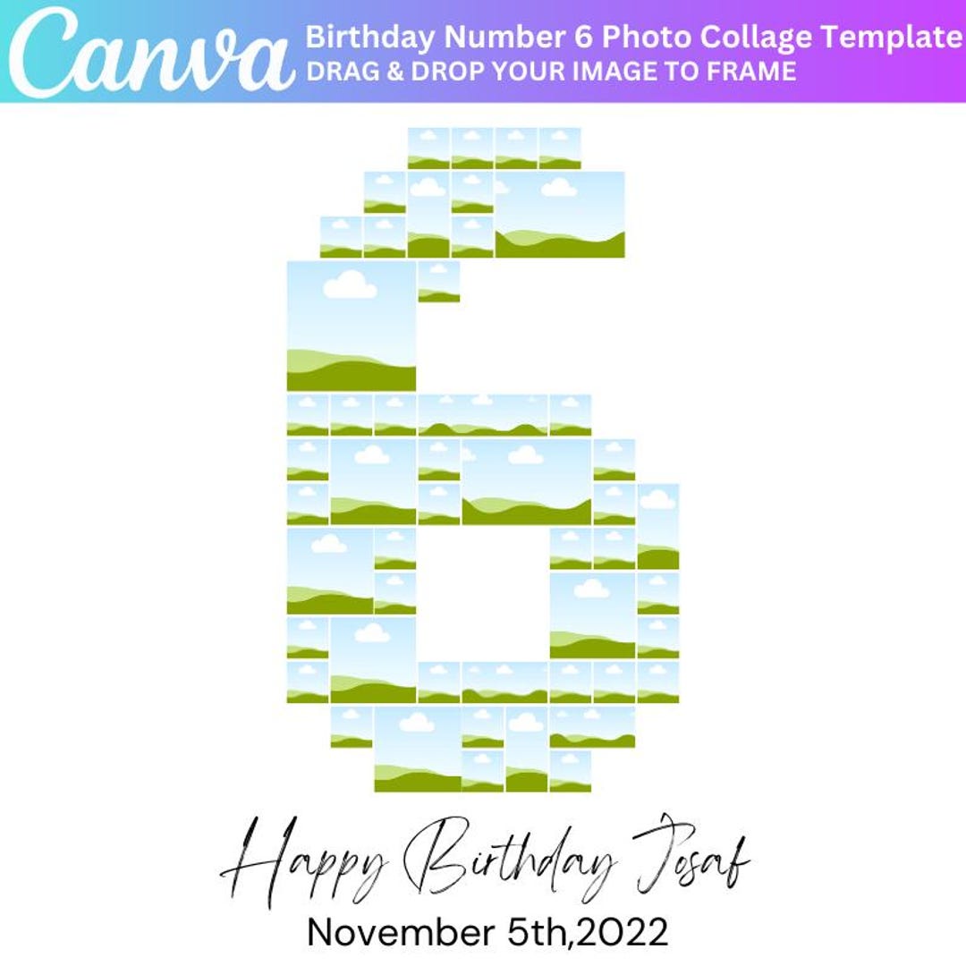 Custom 6 Number Picture Collage, Editable 6th Birthday Photo Poster ...