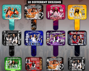 May include: A collection of ten graduation fan paddles with various designs. Each paddle features a photo, the year 2026, and the word "Congratulations" or "Congrats." The paddles have different color handles and backgrounds, with space for a school name.