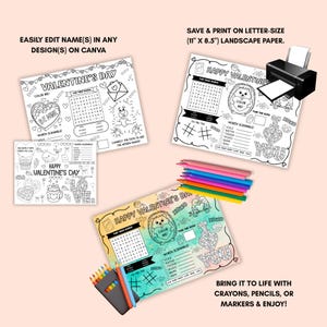 Peut inclure: Feuilles d'activit&eacute;s de la Saint-Valentin avec des jeux de recherche de mots, des pages &agrave; colorier et des points &agrave; relier. Les feuilles pr&eacute;sentent des c&oelig;urs, des h&eacute;rissons et le texte "Happy Valentine's Day". Une imprimante, des crayons de couleur et des marqueurs sont &eacute;galement pr&eacute;sent&eacute;s.