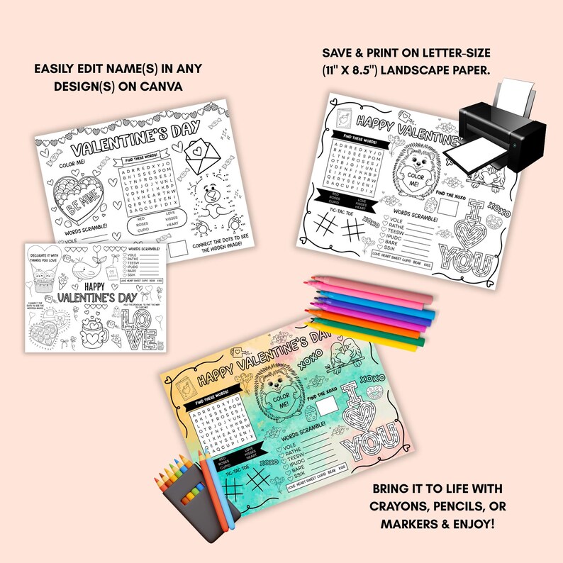 Peut inclure: Feuilles d'activit&eacute;s de la Saint-Valentin avec des jeux de recherche de mots, des pages &agrave; colorier et des points &agrave; relier. Les feuilles pr&eacute;sentent des c&oelig;urs, des h&eacute;rissons et le texte "Happy Valentine's Day". Une imprimante, des crayons de couleur et des marqueurs sont &eacute;galement pr&eacute;sent&eacute;s.
