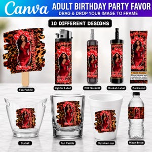 May include: A collection of party favor items featuring a custom design with a woman in a red dress, red balloons, and leopard print. Items include a fan paddle, lighter, hookah accessories, backwood wrap, bucket, glass, cup, and water bottle.