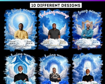 Puede incluir: Diseño de plantilla de Canva con seis ejemplos de marcos de fotos conmemorativos. Cada diseño incluye el texto "In Loving Memory", un marcador de posición para fotos y espacio para nombres y fechas. Los diseños tienen un esquema de color azul y blanco.
