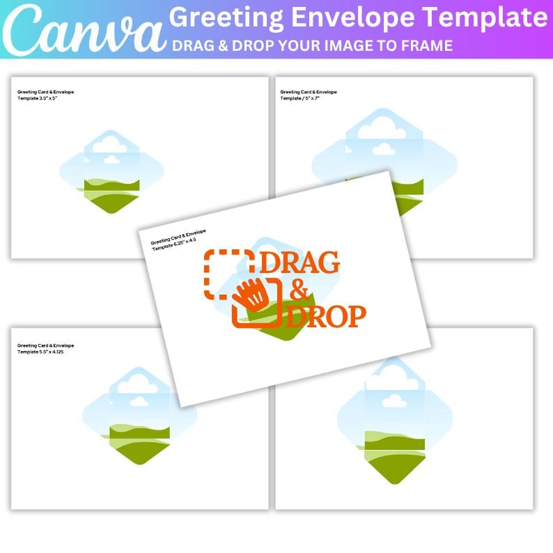 May include: A Canva greeting envelope template with a white background. The image features several white envelopes with a landscape design and the words "DRAG & DROP" in orange and green. The Canva logo is at the top.