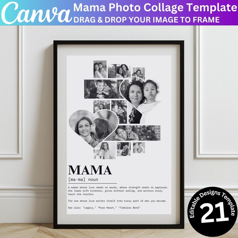 K&ouml;nnte beinhalten: Schwarzwei&szlig;es Foto-Collage-Template mit dem Wort "Mama", definiert als eine Frau, deren Liebe keine Worte braucht, deren St&auml;rke keinen Applaus braucht. Die Collage besteht aus 12 Fotos in Herzform.