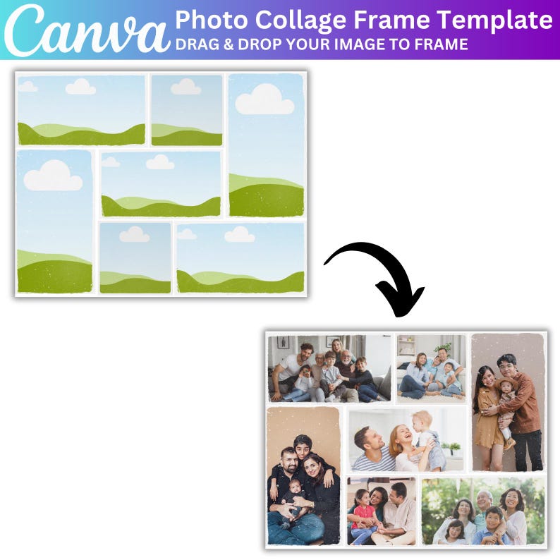 May include: A photo collage frame template with a white background and multiple rectangular and square photo placeholders. The template includes green hills, blue skies, and white clouds. The text "Photo Collage Frame Template" and "Drag & Drop Your Image to Frame" are visible.