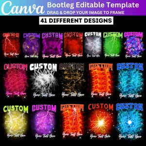 May include: A digital design template with 41 different designs. Each design features a lightning bolt graphic with the word "CUSTOM" above and space for text below. The designs are in various colors, including red, purple, and blue.