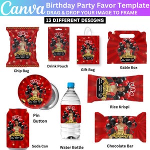 May include: A template for a birthday party favor, featuring 13 different designs. The designs include a chip bag, drink pouch, gift bag, gable box, pin button, soda can, water bottle, rice krispi, and chocolate bar. Each design has a red background with black balloons.