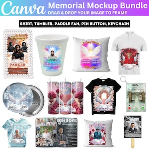 Blue Memorial Party Favor Bundle, Canva Editable Memorial Mockup Designs, Pillow, Grave Blanket, Pin Button, Ribbon, Memorial Shirt Template