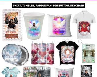 Blue Memorial Party Favor Bundle, Canva Editable Memorial Mockup Designs, Pillow, Grave Blanket, Pin Button, Ribbon, Memorial Shirt Template