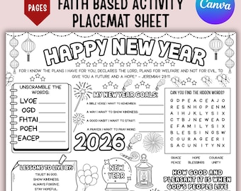 Tovaglietta per attività di Capodanno basate sulla fede 2026, lavoretto stampabile per bambini di Capodanno, pagina da colorare per la vigilia di Capodanno, foglio di tovaglietta per giochi di società