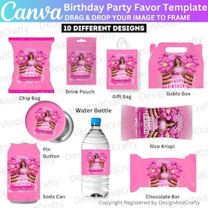 May include: A pink birthday party favour template with 10 different designs. The designs include a chip bag, drink pouch, gift bag, gable box, pin button, water bottle, rice krispi, soda can, and chocolate bar. Each design features a photo and the text "Happy Birthday".
