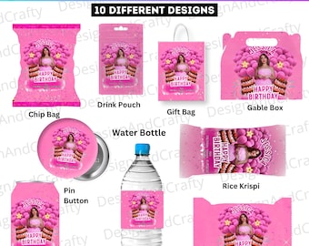 10X Canva Editable Birthday Party Favor Template, Pink Birthday Treat Bundle, Party Favor Custom Water Labels, Chip Bag, Chocolate Wrapper