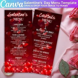 May include: A Galentine's Day menu template with a red and pink color scheme. The menu includes appetizers, main courses, desserts, and drinks. The cocktail menu features drinks like Blush in Bubbly and Chic Bellini.