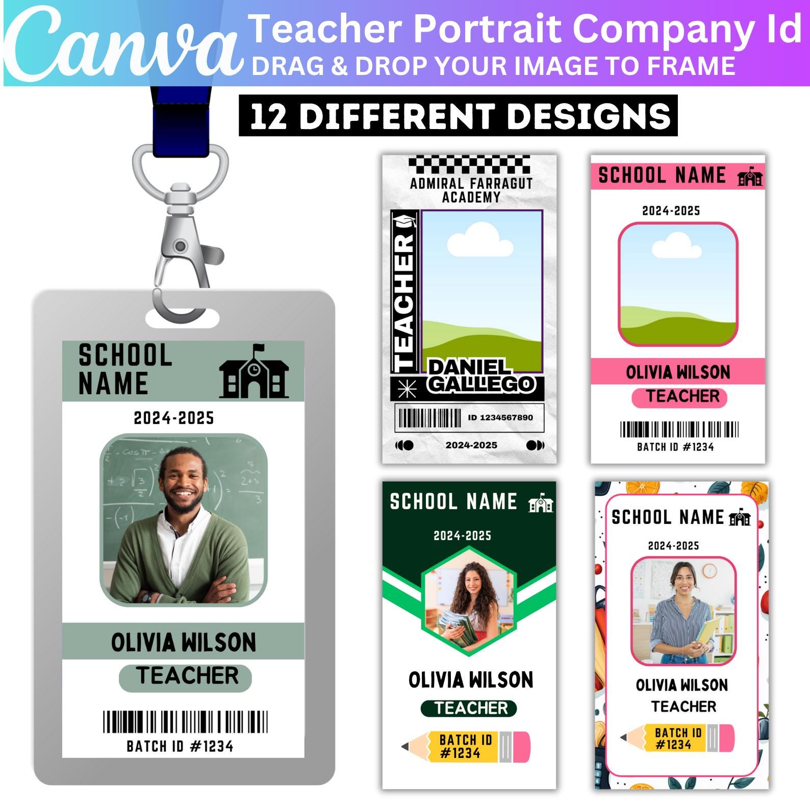 12 Teacher ID Card Canva Editable Template, Name Teacher ID Badge, Customizable ID Card Template, School and Homeschool Custom id Card Canva