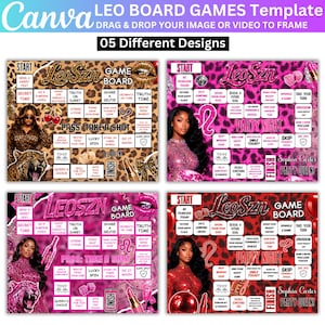 May include: A digital Canva template for Leo SZN board games featuring four distinct designs with leopard print backgrounds in brown, pink, and red. Each board includes a start and finish point, various activity squares, and text elements like Leo SZN, Party Night, and Party Queen.