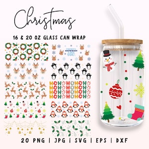 May include: A set of 20 digital designs for 16 and 20 ounce glass can wraps featuring various Christmas themes. The designs include wreaths, reindeer, penguins, candy canes, snowmen, Christmas trees, and ornaments. The designs are in a variety of colours, including red, green, white, and blue. The text "There's snowbody like you!" is included in one of the designs.