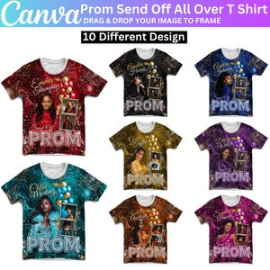 May include: A collection of ten all-over print t-shirts with various designs. Each shirt features a different name, photo, and the text "Send Off PROM 2020" or "Send Off PROM 2026". The shirts have colorful backgrounds and decorative elements.
