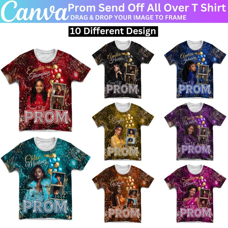 May include: A collection of ten all-over print t-shirts with various designs. Each shirt features a different name, photo, and the text "Send Off PROM 2020" or "Send Off PROM 2026". The shirts have colorful backgrounds and decorative elements.