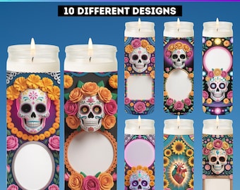 May include: Ten cylinder candles with Day of the Dead designs. Each candle has a skull motif with floral and decorative elements. The text "Cylinder Candles label Template" and "10 DIFFERENT DESIGNS" is visible.