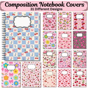 May include: A collection of 31 composition notebook covers featuring various patterns including checkered blue and cream backgrounds with cherries and bows, pink backgrounds with watermelons, smiley faces, rainbows, hearts, and strawberries.