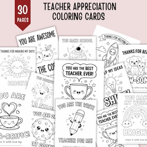 Può includere: Biglietti da colorare per l'apprezzamento degli insegnanti con vari disegni. I biglietti presentano frasi come "You are awesome" e "You are the best teacher, ever!" con simpatiche illustrazioni di un sole, una mela e una matita. Il set include 30 pagine.