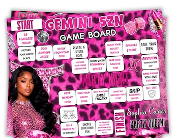 Juego de mesa de cumpleaños Gemini SZN, juego de cumpleaños con estampado de guepardo editable en Canva, actividad de cumpleaños astrológica, tablero para beber Gemini SZN, digital
