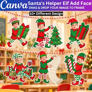 May include: A digital template featuring six illustrations of elves in red and green outfits with striped stockings. The design includes text reading Santa's Helper Elf Add Face, DRAG & DROP YOUR IMAGE TO FRAME, and 10+ Different Design.