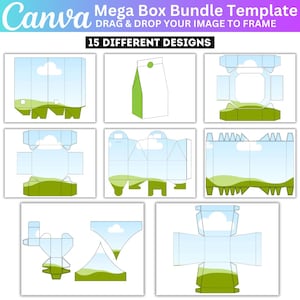 May include: A Canva Mega Box Bundle Template image with 15 different box designs. Each design is a box template with a sky and green landscape background. The Canva logo is in the top left corner, and the text "DRAG & DROP YOUR IMAGE TO FRAME" is above the box designs.
