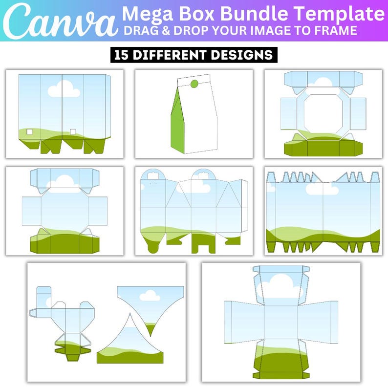 May include: A Canva Mega Box Bundle Template image with 15 different box designs. Each design is a box template with a sky and green landscape background. The Canva logo is in the top left corner, and the text "DRAG & DROP YOUR IMAGE TO FRAME" is above the box designs.