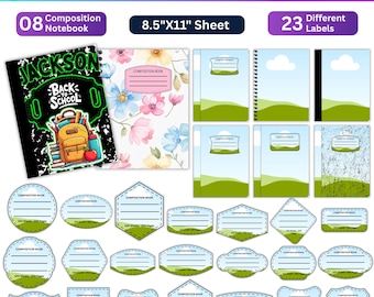 Composition Notebook Cover Templates, Back to School Canva Designs, Editable Composition Notebook Cover, Notebook Frame & Labels Digital