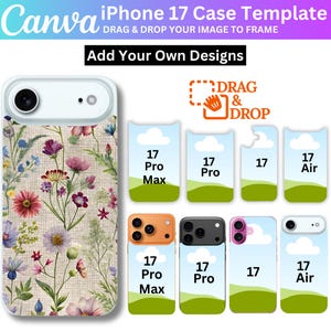 Op de afbeelding: Een iPhone 17 hoesjes template met een bloemenontwerp, met een verscheidenheid aan kleurrijke bloemen op een beige achtergrond. De afbeelding bevat verschillende telefoonhoesjes-modellen met de tekst "17 Pro Max", "17 Pro", "17" en "17 Air". Het Canva-logo is zichtbaar.