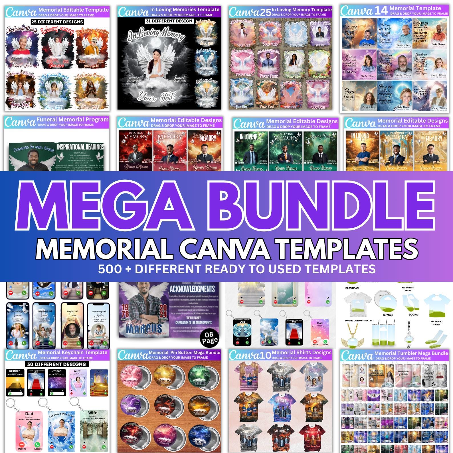 Memorial T Shirt Editable Mega Bundle, In Loving Memory Canva Template, Funeral All Over Shirt Tumbler, Pin Button, Memorial Program Designs